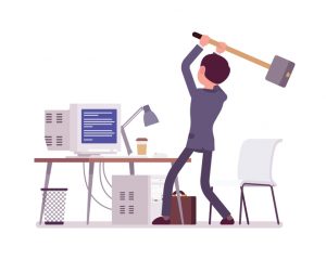 Illustration of man getting ready to hit his computer with a sledgehammer